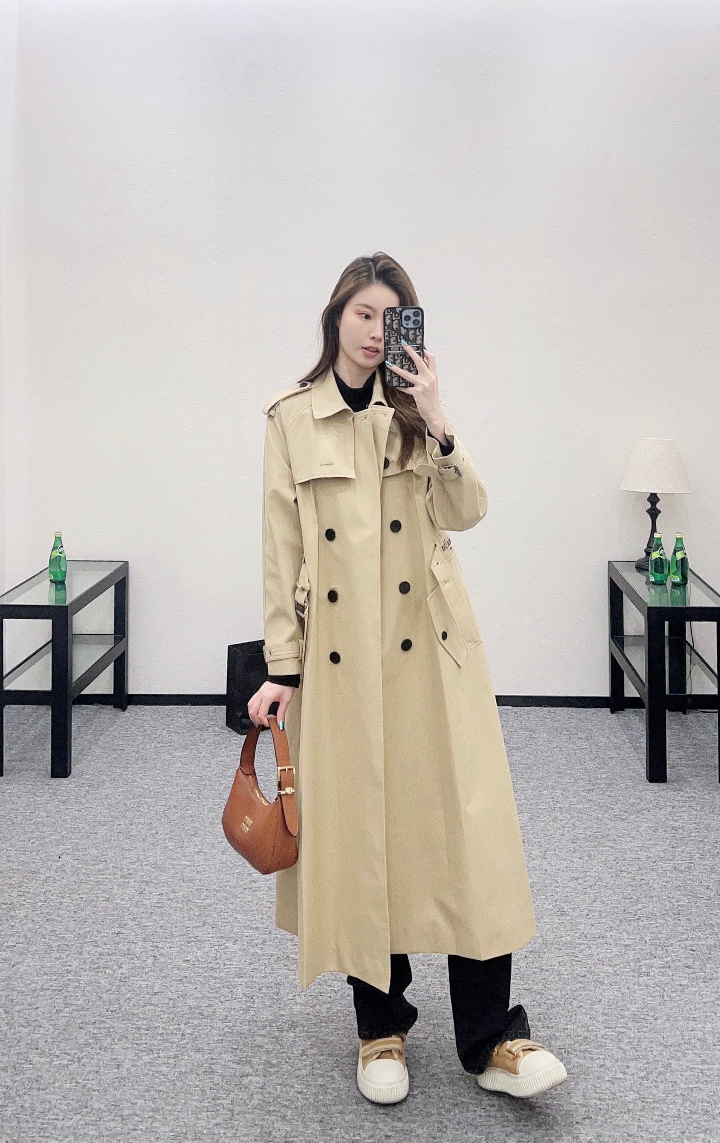 Pleated belted long trench coat