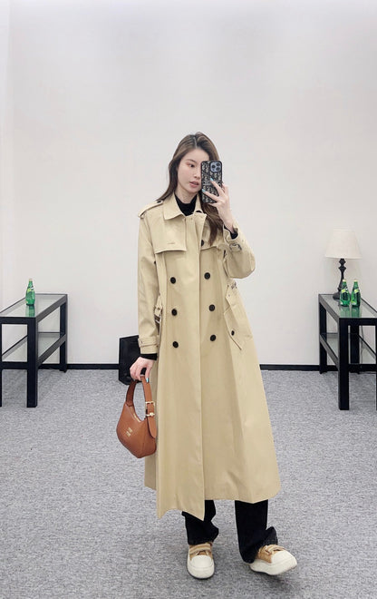 Pleated belted long trench coat