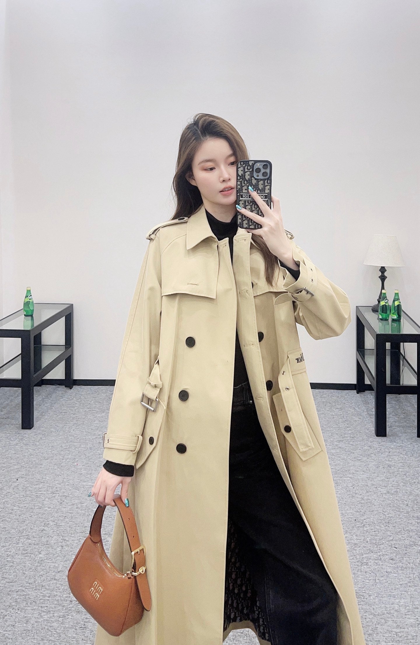 Pleated belted long trench coat