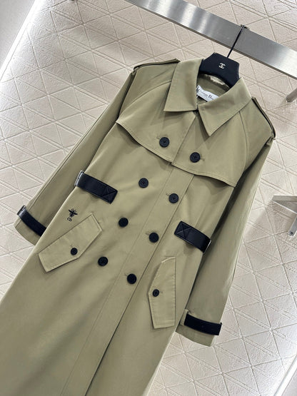 Leather buckle long trench coat