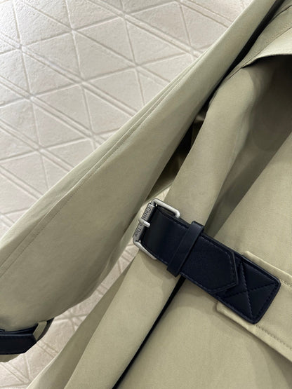 Leather buckle long trench coat