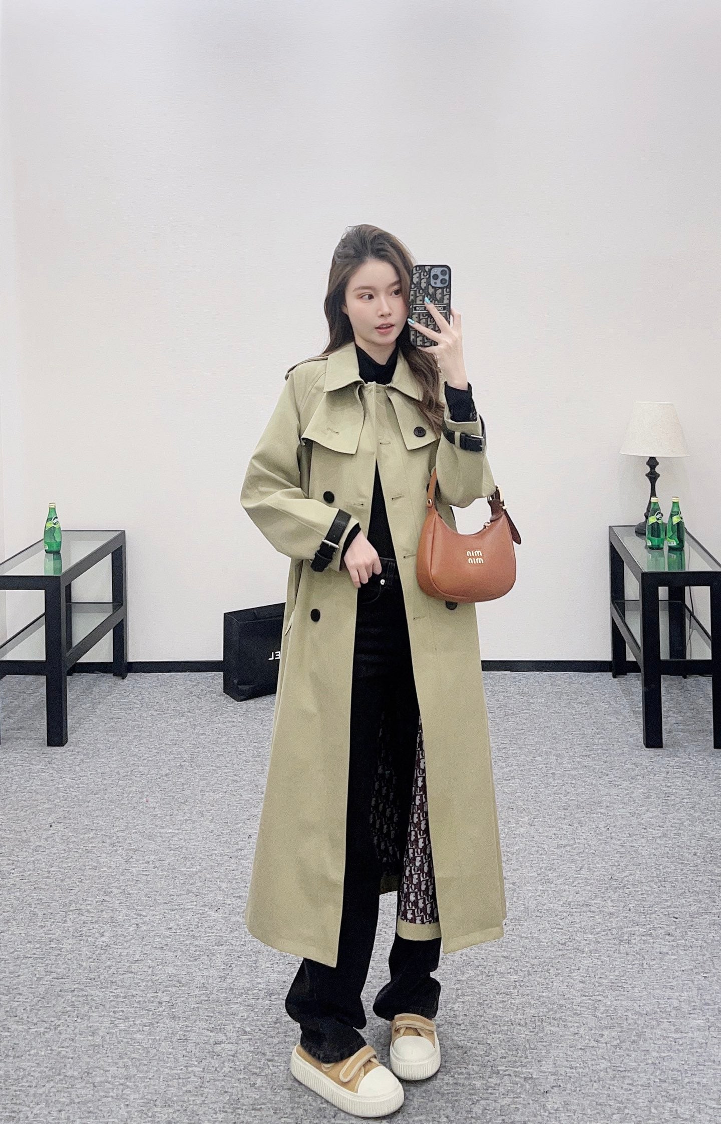 Leather buckle long trench coat