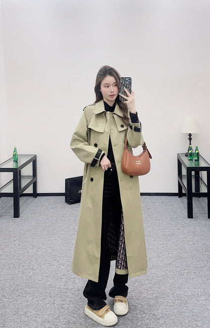 Leather buckle long trench coat