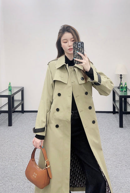 Leather buckle long trench coat