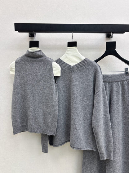 knit suit sleeveless vest+sweater+pants set