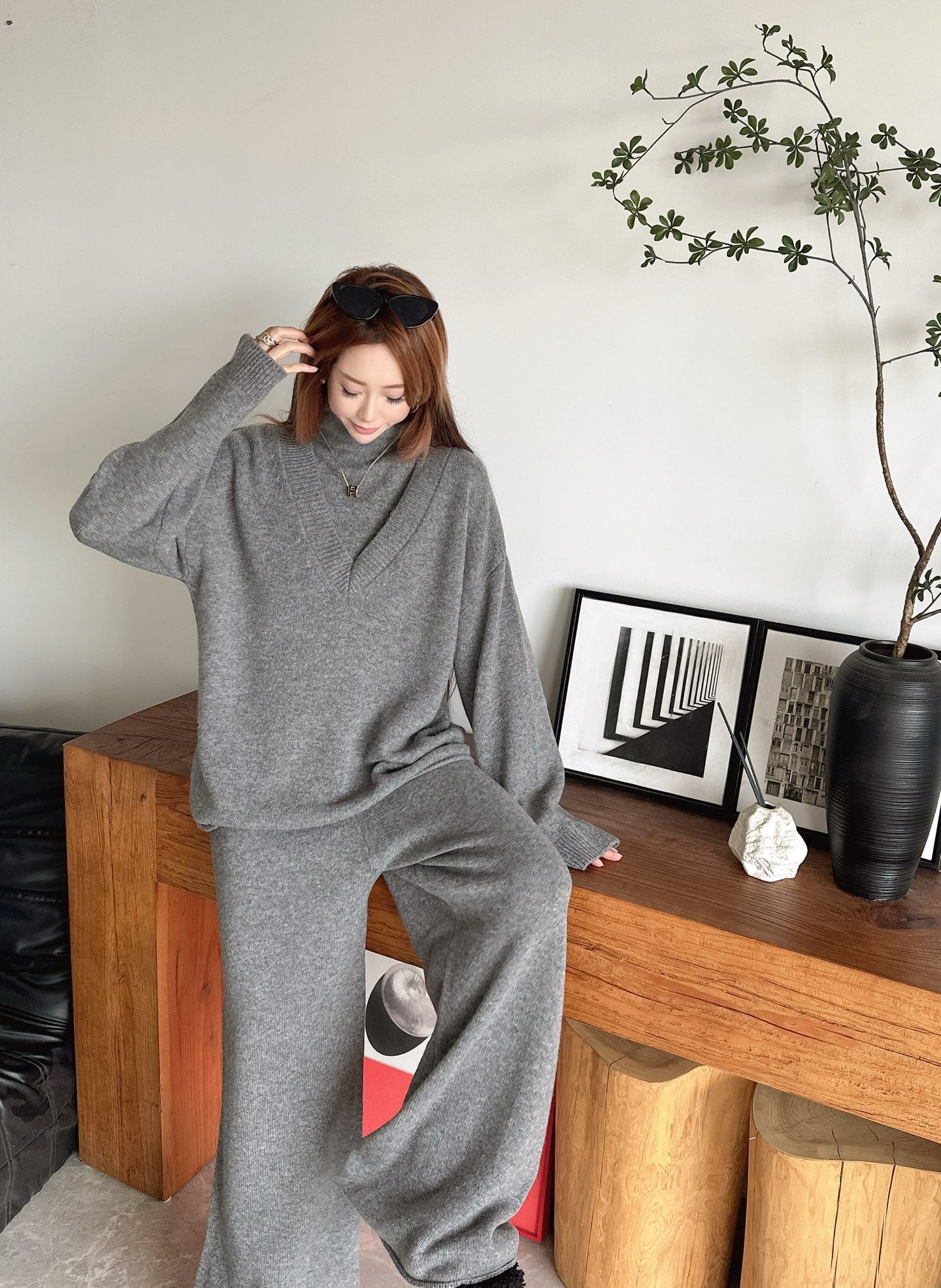 knit suit sleeveless vest+sweater+pants set
