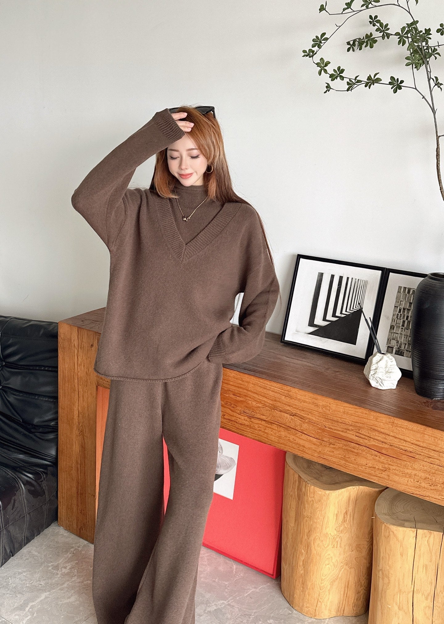 knit suit sleeveless vest+sweater+pants set