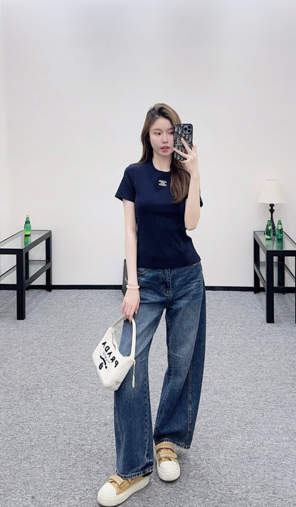 Round neck embroidered short sleeve