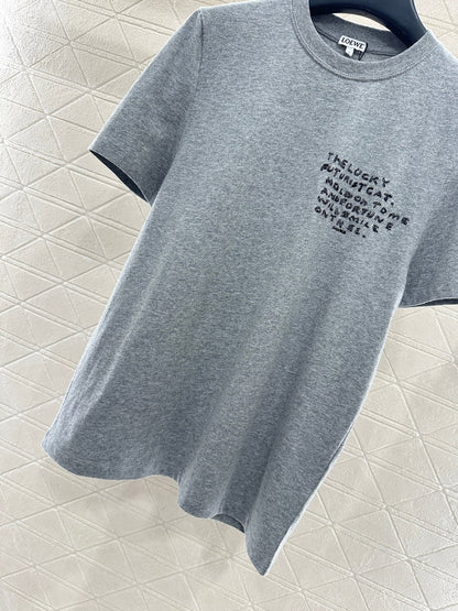 Embroidered round neck cat short-sleeved shirt