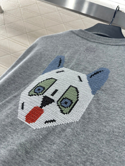 Embroidered round neck cat short-sleeved shirt