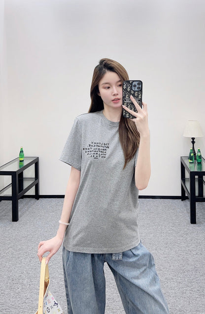 Embroidered round neck cat short-sleeved shirt