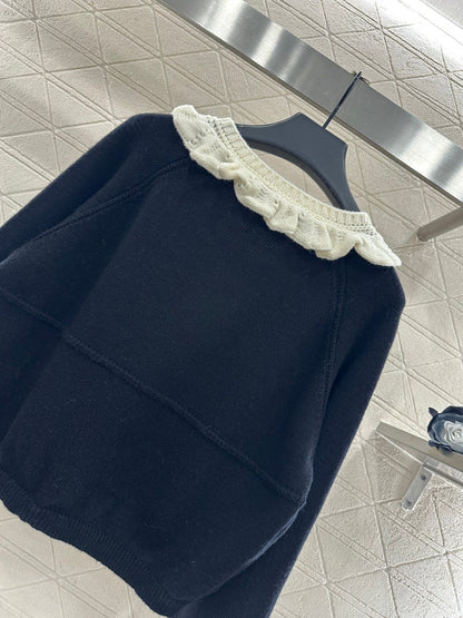 Lace-trimmed collar knit wool cardigan