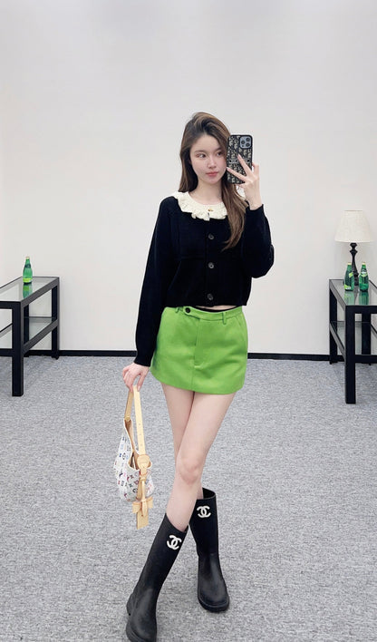 Lace-trimmed collar knit wool cardigan