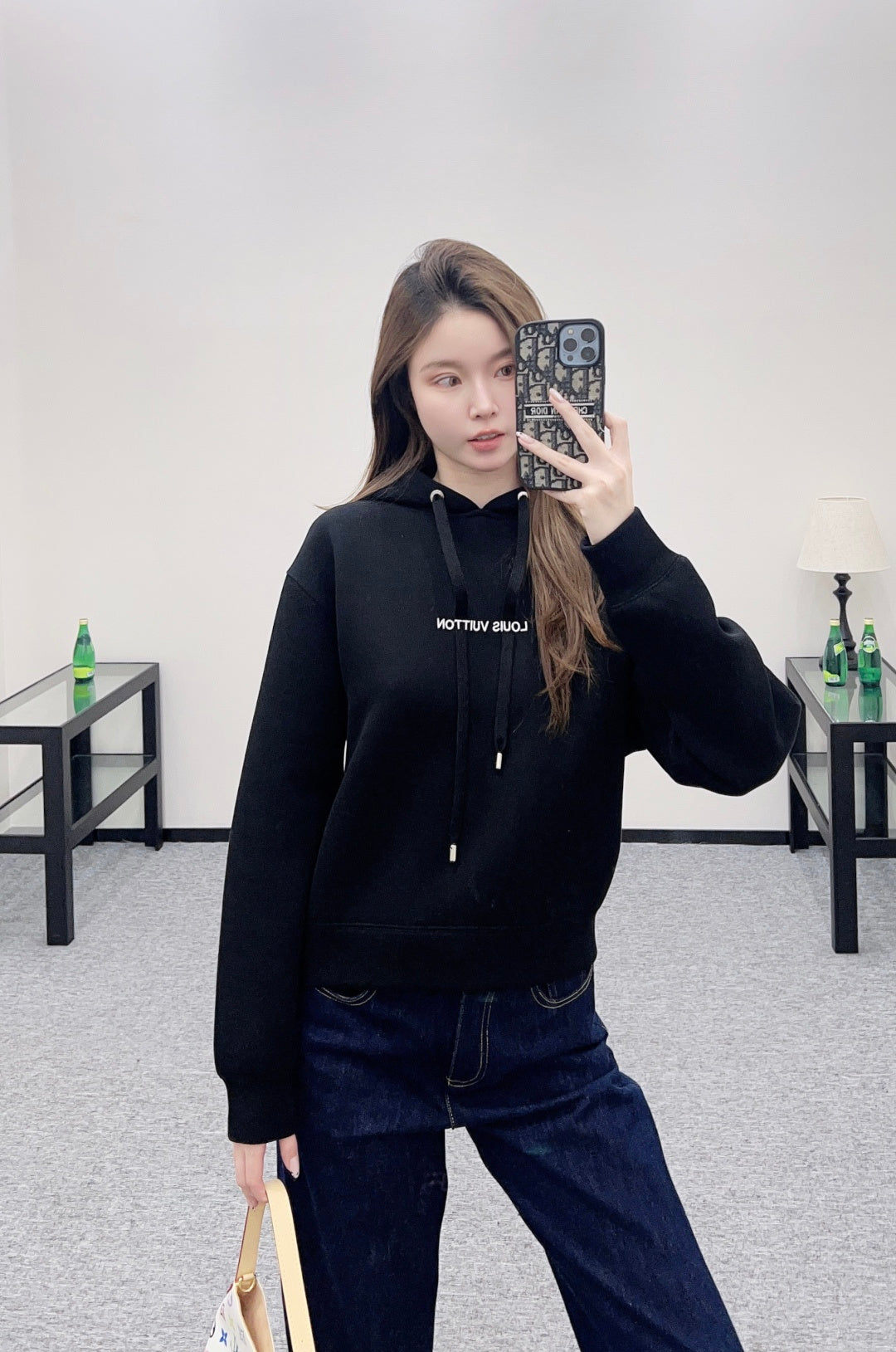 Hooded drawstring cropped sweatshirt