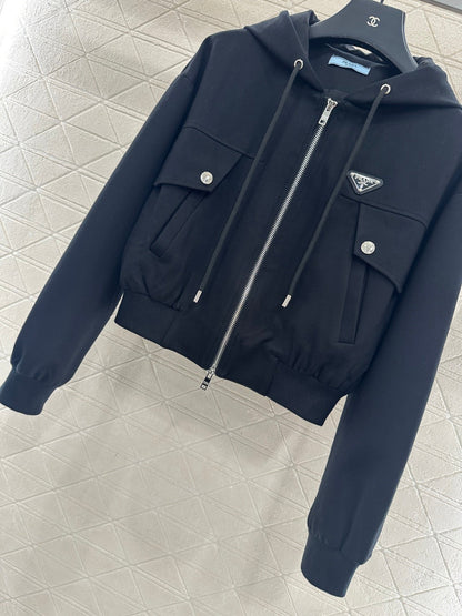Hooded drawstring zipper jacket