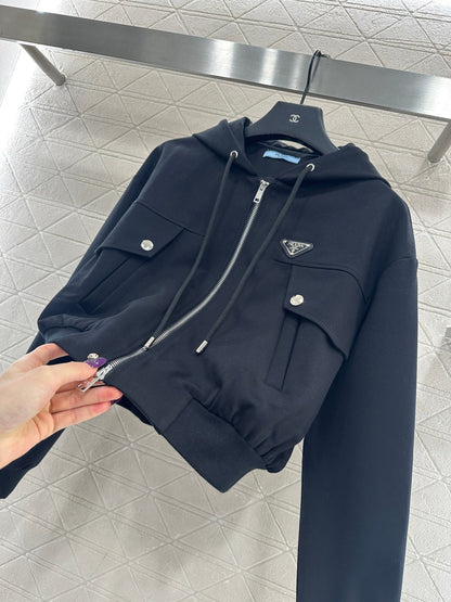 Hooded drawstring zipper jacket
