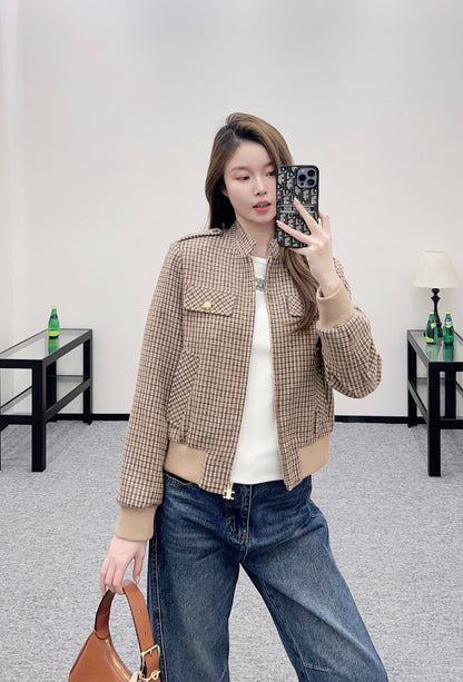 plaid stand-up collar jacket