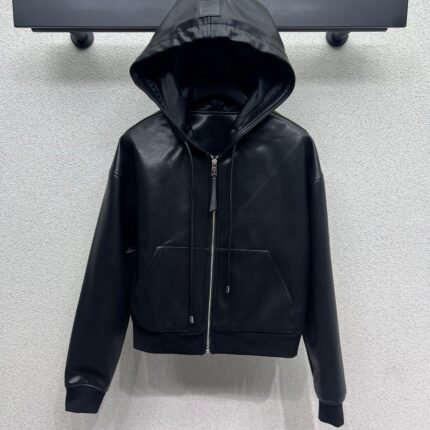 25fw Leather hooded jacket