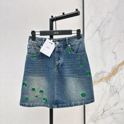 Four-leaf clover denim midi skirt